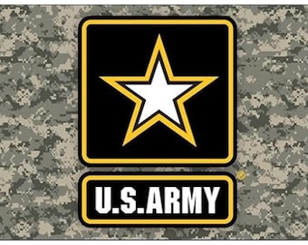 May include: A camouflage patterned flag with a yellow border and a black square in the center. The square has a white star with a yellow outline inside. Below the square is a yellow banner with the text "U.S. ARMY" in white.