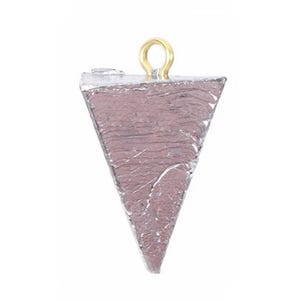 May include: A triangular fishing sinker with a gold loop at the top. The sinker is made of lead and has a textured surface.