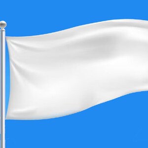 May include: A white flag waving in the wind against a blue sky. The flag is attached to a silver pole.