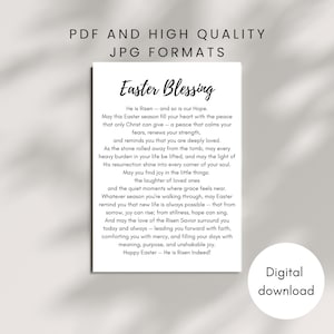 Könnte beinhalten: Eine druckbare Oster-Segenskarte mit weißem Hintergrund und schwarzem Text. Der Text lautet: "Ostersegen. Er ist auferstanden - und so ist auch unsere Hoffnung. Möge diese Osterzeit dein Herz mit dem Frieden erfüllen, den nur Christus geben kann - ein Frieden, der deine Ängste besänftigt, deine Kraft erneuert und dich daran erinnert, dass du zutiefst geliebt bist. Als der Stein vom Grab gerollt wurde, möge jede schwere Last in deinem Leben aufgehoben werden, und möge das Licht seiner Auferstehung in jeden Winkel deiner Seele scheinen. Möge du Freude an den kleinen Dingen finden: dem Lachen deiner Lieben und den stillen Momenten, in denen Gnade spürbar ist. In welcher Jahreszeit du dich auch befindest, möge Ostern dich daran erinnern, dass neues Leben immer möglich ist - dass aus Kummer Freude erblühen kann; aus Stille Hoffnung singen kann. Und möge die Liebe des auferstandenen Erlösers dich heute und immer umgeben - dich mit Glauben voranbringen, dich mit Barmherzigkeit trösten und deine Tage mit Sinn, Ziel und unerschütterlicher Freude erfüllen. Frohe Ostern - Er ist wahrhaftig auferstanden!"