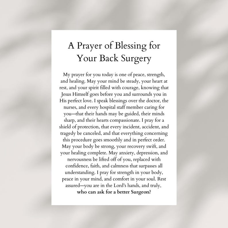 Back Surgery Blessing Card PRINTABLE Christian Prayer for Back ...