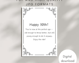 PRINTABLE Funny 30th Birthday Card Instant DIGITAL DOWNLOAD 30th Card for Him or Her Adult Humor Gift Milestone Keepsake