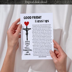May include: A digital download print with the text "Good Friday Blessings." The print features a red heart, a crucifix, and the words "Jesus Loves You Today, Tomorrow, and Always." The print includes a religious message.