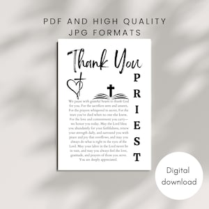 May include: A digital download print with the words "Thank You Priest" in elegant script. The design includes a heart with a cross, an open book with a cross, and a heartfelt message of gratitude. The print is available in PDF and JPG formats.