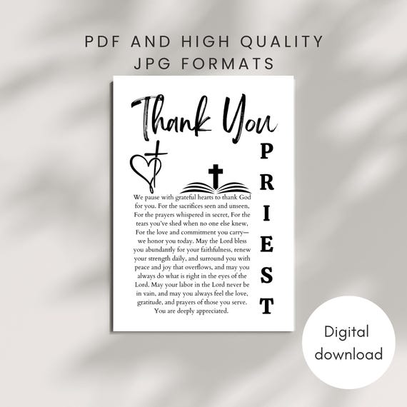 PRINTABLE Priest Thank You Card Blessing Christian Prayer Religious Inspirational Gift Catholic Keepsake Instant DIGITAL DOWNLOAD