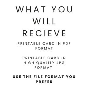 Op de afbeelding: Zwart-wit afbeelding met tekst: "WAT U ONTVANGT". De tekst gaat verder met "AFDRUKBARE KAART IN PDF-FORMAAT", "AFDRUKBARE KAART IN HOGE KWALITEIT JPG-FORMAAT" en "GEBRUIK HET BESTANDSFORMAAT VAN UW VOORKEUR".