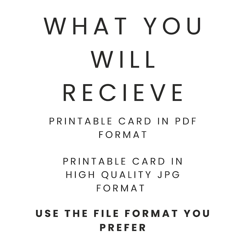 Op de afbeelding: Zwart-wit afbeelding met tekst: "WAT U ONTVANGT". De tekst gaat verder met "AFDRUKBARE KAART IN PDF-FORMAAT", "AFDRUKBARE KAART IN HOGE KWALITEIT JPG-FORMAAT" en "GEBRUIK HET BESTANDSFORMAAT VAN UW VOORKEUR".