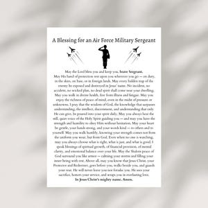 May include: A white print with the text "A Blessing for an Air Force Military Sergeant." The image includes a silhouette of a soldier saluting, with three jets above. The text is a prayer for protection and guidance.