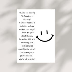 Tarjeta de agradecimiento divertida para cirujano plástico Tarjeta imprimible digital Tarjeta de agradecimiento para médico Tarjeta de agradecimiento por humor quirúrgico Tarjeta de cirugía