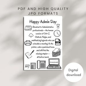 Könnte beinhalten: Schwarz-weiß-Illustration einer Karte mit dem Text "Happy Admin Day" und einer Liste von Aufgaben, die Verwaltungsprofis erledigen. Die Illustration enthält Symbole für einen Kalender, eine Wolke, einen Drucker, einen Notizblock, ein Telefon, einen Taschenrechner, einen Laptop und eine Kaffeetasse.