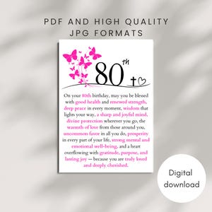 May include: A white digital download birthday card with the number 80 in black, adorned with pink butterflies and text. The card includes a birthday message with a heart symbol.