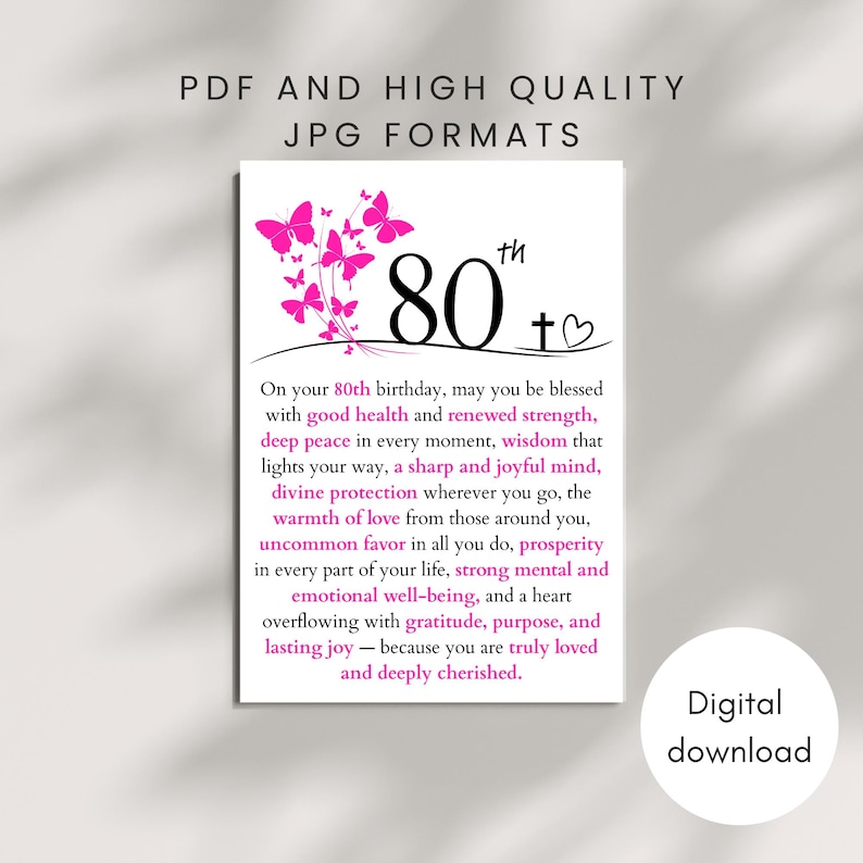 PRINTABLE 80th Birthday Blessing Card Christian Prayer Note Gift for ...
