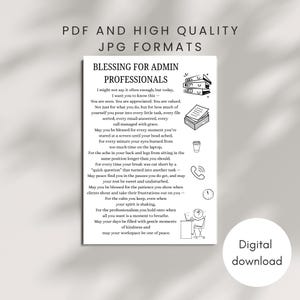 Puede incluir: Descarga digital imprimible en blanco y negro con una bendición para profesionales de la administración. El texto incluye frases como "Eres visto", "Eres apreciado", "Eres valioso" y "Que tu espacio de trabajo sea uno de paz".