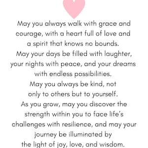 Op de afbeelding: Een witte kaart met de tekst "To My Beautiful Granddaughter" en een roze hart. De kaart bevat een oprechte boodschap over genade, moed, liefde en vreugde, en wenst de ontvanger een leven vol geluk en vriendelijkheid.
