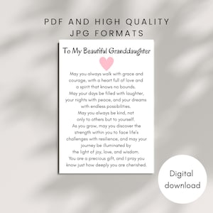 Op de afbeelding: Een digitale download print met de tekst "To My Beautiful Granddaughter" en een roze hart. De print bevat een oprechte boodschap van liefde, moed en goede wensen. De woorden zijn in een zwart, elegant lettertype op een witte achtergrond.