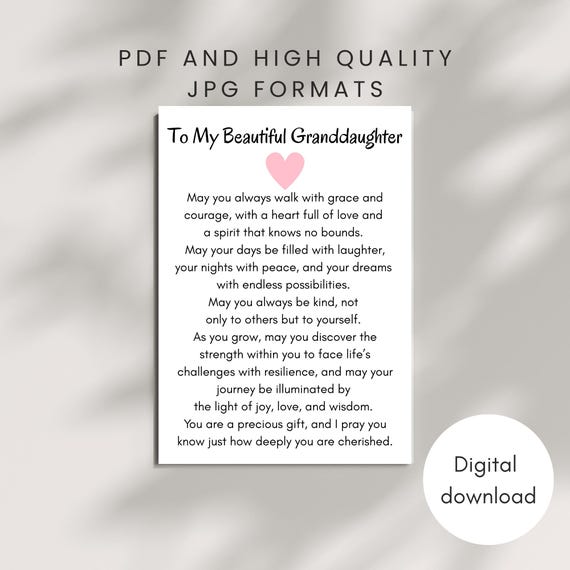 PRINTABLE Blessing for Granddaughter Card instant DIGITAL DOWNLOAD Christian Gift Inspirational Keepsake Birthday Graduation Thank You