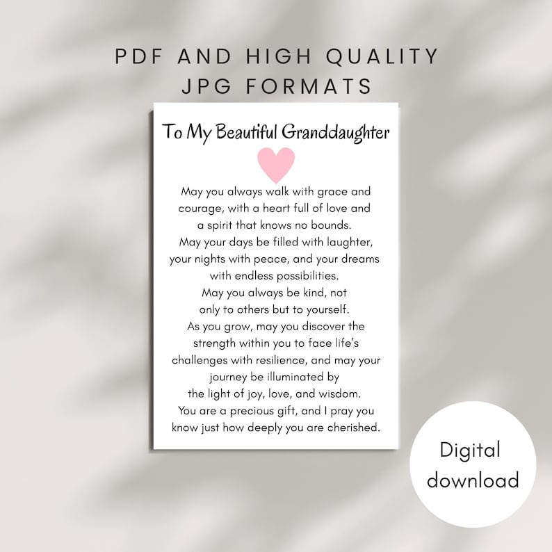 Op de afbeelding: Een digitale download print met de tekst "To My Beautiful Granddaughter" en een roze hart. De print bevat een oprechte boodschap van liefde, moed en goede wensen. De woorden zijn in een zwart, elegant lettertype op een witte achtergrond.