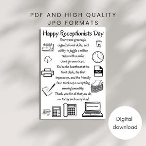May include: A black and white digital download print for Receptionists Day. The print includes the text "Happy Receptionists Day" and various office-related illustrations such as a calendar, clock, and laptop.