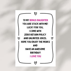 Cartão de aniversário para filha bônus para impressão, cartão de feliz aniversário para filha bônus, presente digital para impressão para enteada, cartão para enteada