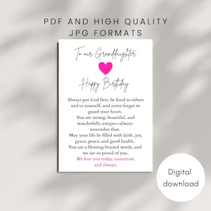 Puede incluir: Una tarjeta de descarga digital blanca con el texto "To our Granddaughter Happy Birthday" y un corazón rosa. La tarjeta incluye un mensaje sincero y las palabras "We love you today, tomorrow, and always."
