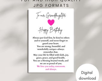 印刷可能な孫娘の誕生日祝福カード、キリスト教の祈りのメッセージ、宗教的な信仰に基づく孫娘への贈り物、即時デジタルダウンロード