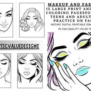 May include: A set of 15 printable coloring pages featuring faces with bold makeup looks. The pages are designed for kids, teens, and adults to practice drawing faces and makeup.