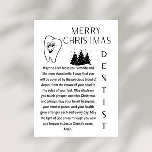 May include: A white card with the text "MERRY CHRISTMAS DENTIST" and a cartoon tooth illustration. The card includes a Christmas tree graphic and a religious message.