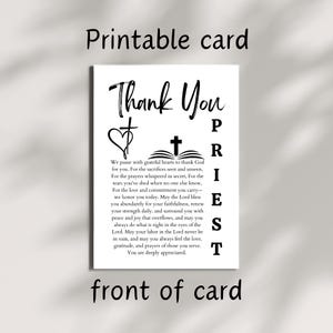 May include: A white printable card with the words "Thank You" in elegant script. The card features a heart and cross symbol, with text thanking a priest for their service. The words "front of card" are at the bottom.