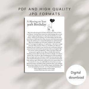 Può includere: Una stampa digitale scaricabile con il testo "A Blessing on Your 30th Birthday". Il design include un omino stilizzato che tiene in mano un palloncino a forma di cuore e un cupcake. La stampa è in formato PDF e JPG.
