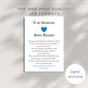 Op de afbeelding: Een witte kaart met de tekst "To My Grandson Happy Birthday" en een blauw hart. De kaart bevat een boodschap over vriendelijkheid, kracht en een zegen. De woorden "PDF and High Quality JPG Formats" staan bovenaan.