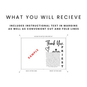 May include: A white card with black text, including the words "Thank You Priest." The card features a heart, cross, and open book graphic. The text includes instructions for cutting and folding, with a "Sample" stamp.