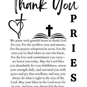 May include: A white print with the words "Thank You" in a handwritten style. The image includes a cross, a heart with a cross, and text expressing gratitude and appreciation. The word "PRIEST" is spelled vertically.