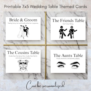 May include: Printable 7x5 wedding table themed cards. Each card features a unique design for different wedding guests. The cards include text such as "Bride & Groom", "The Friends Table", "The Cousins Table", and "The Aunts Table". The cards are white with black text and illustrations.