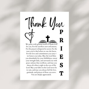 May include: A white rectangular print with the words "Thank You" in a script font, along with a cross, a heart, and text thanking a priest. The word "PRIEST" is written vertically on the right side.