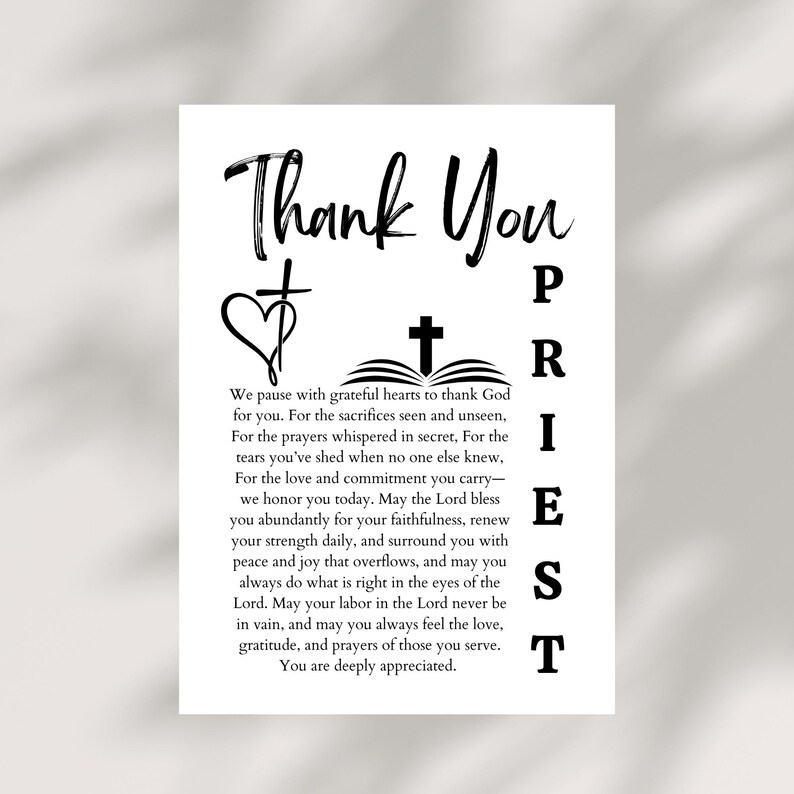May include: A white rectangular print with the words "Thank You" in a script font, along with a cross, a heart, and text thanking a priest. The word "PRIEST" is written vertically on the right side.