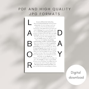 May include: A white print with the word "LABOR DAY" in large black letters, with a prayer printed in black text. The words "PDF and High Quality JPG Formats" are at the top, and "Digital download" is at the bottom.