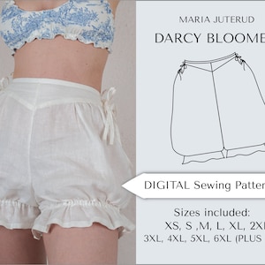 May include: A digital sewing pattern for Darcy Bloomers, a white pair of gathered bloomers with a ruffled hem. The pattern includes sizes XS, S, M, L, XL, 2XL, 3XL, 4XL, 5XL, and 6XL (plus size).