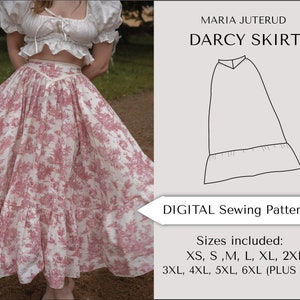May include: A digital sewing pattern for a full-length skirt called the Darcy Skirt. The pattern includes sizes XS, S, M, L, XL, 2XL, 3XL, 4XL, 5XL, and 6XL (plus size). The pattern is illustrated with a line drawing of the skirt.