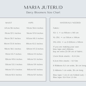 May include: A size chart for Darcy Bloomers, a type of women's clothing. The chart lists waist and hip measurements in inches for sizes XS through 6XL. It also includes a list of materials needed to make the bloomers, including fabric, elastic, and ribbon.