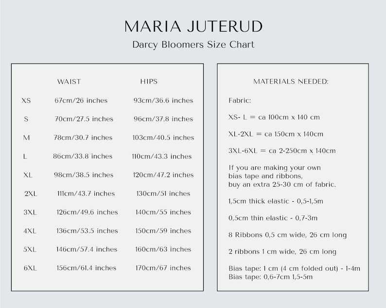 May include: A size chart for Darcy Bloomers, a type of women's clothing. The chart lists waist and hip measurements in inches for sizes XS through 6XL. It also includes a list of materials needed to make the bloomers, including fabric, elastic, and ribbon.
