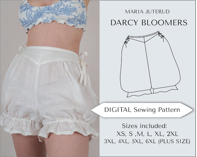 May include: A digital sewing pattern for Darcy Bloomers, a white pair of gathered bloomers with a ruffled hem. The pattern includes sizes XS, S, M, L, XL, 2XL, 3XL, 4XL, 5XL, and 6XL (plus size).