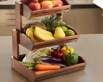 Rustieke houten tweelaagse fruitmand, houten fruitmand, mandorganisator, olijfhouten fruitmand, keukendecor, housewarming cadeau