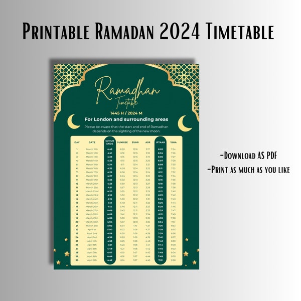 Ramadan 2024 Printable Timetable | For London and Surrounding Areas | Instant Download | Printable