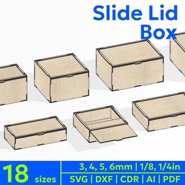 Laser Cut Box with Slide Lid - Storage Box - 18 Different Sizes - 6 Different Material Thicknesses - Laser Cutting Files Glowforge SVG DXF