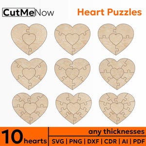 Puzzle coeur découpé au laser Fichier SVG découpé au laser, modèles de puzzle de 2 à 10 pièces