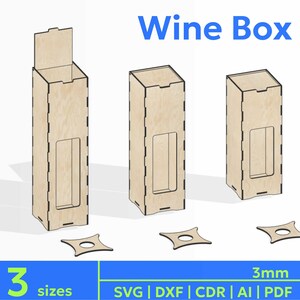 レーザーカットワインボックスギフト - ワインボトルボックス - 3つの異なるサイズ - 3 mmの素材の厚さ - Glowforge SVG DXFファイル