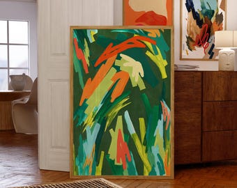 Stampa artistica astratta tropicale / Decorazione murale moderna verde e arancione / Arte contemporanea audace per la casa