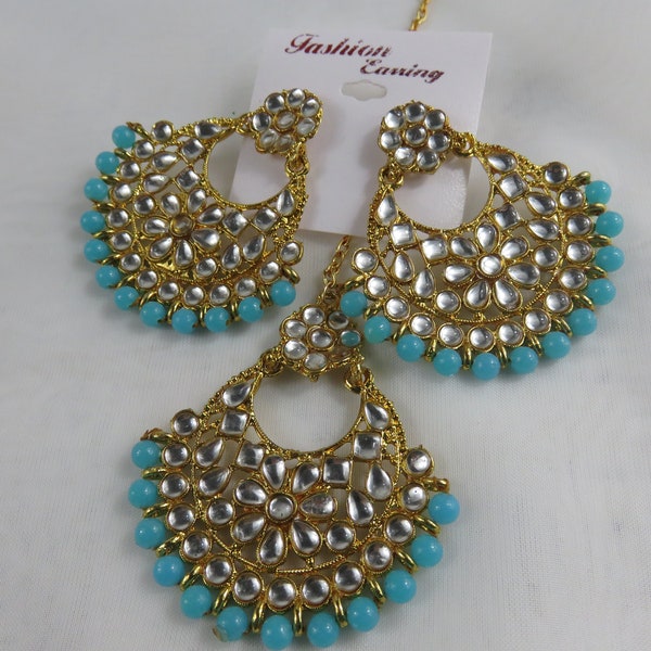 Light blue and gold mang tikka and earring jewellery set