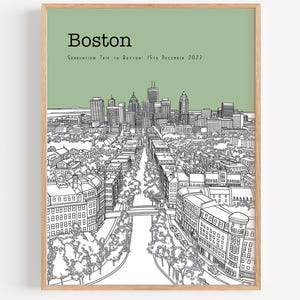 Personalized Boston Art Print, Customizable Cityscape Illustration with Color Choice, Ideal Graduation Gift or Travel Keepsake Decor A34