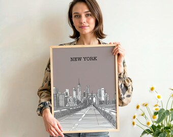 Impresión artística del puente de Brooklyn: dibujo personalizado del horizonte de Nueva York